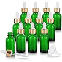 JUVITUS 1 oz / 30 ml Green Glass Boston Round Bottle with Gold Metal and Glass Dropper (12 pack) + Funnel I Refillable Empty Storage Containers
