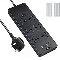 Universal Power Strip with UK Plug, Jumpso Power Strip with 6 AC Outlets and 4 USB Ports, 110-240v, 3000w, 6Ft, Portable Black Extension Cord for Travel Electrical Equipment