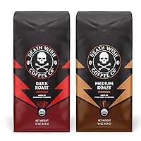 Death Wish Coffee Co. Ground Coffee Bundle, Includes 1 Pack of Dark Roast (16 oz) and 1 Pack of Medium Roast (16 oz)