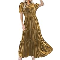 Women's Fall Winter Vintage Velvet Dress Short Sleeve V Neck Elastic Waist Tiered Ruffle A-Line Flowy Maxi Dress 2024