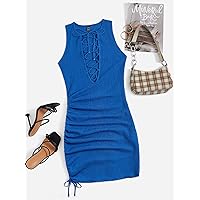 Summer Dresses for Women 2022 Lace Up Front Drawstring Side Bodycon Dress Dresses for Women (Color : Blue, Size : X-Small)