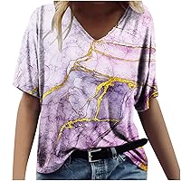 Summer Casual Short Sleeve Tops for Women Trendy Landscape Graphic Color Block T Shirt Vintage Loose V Neck Blouse Tees