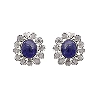 2.50 CTW Natural Diamond Polki Tanzanite Flower Studs 925 Sterling Silver Platinum Plated Slice Diamond Earrings