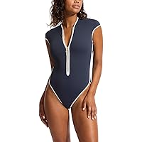 Seafolly Women's Standard Cap Sleeve Zip Front One Piece Swimsuit