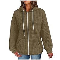 Womens Zip Up Hoodies Long Sleeve Fall Oversized Sweatshirts Fleece Y2K Jacket with Pockets Waffle