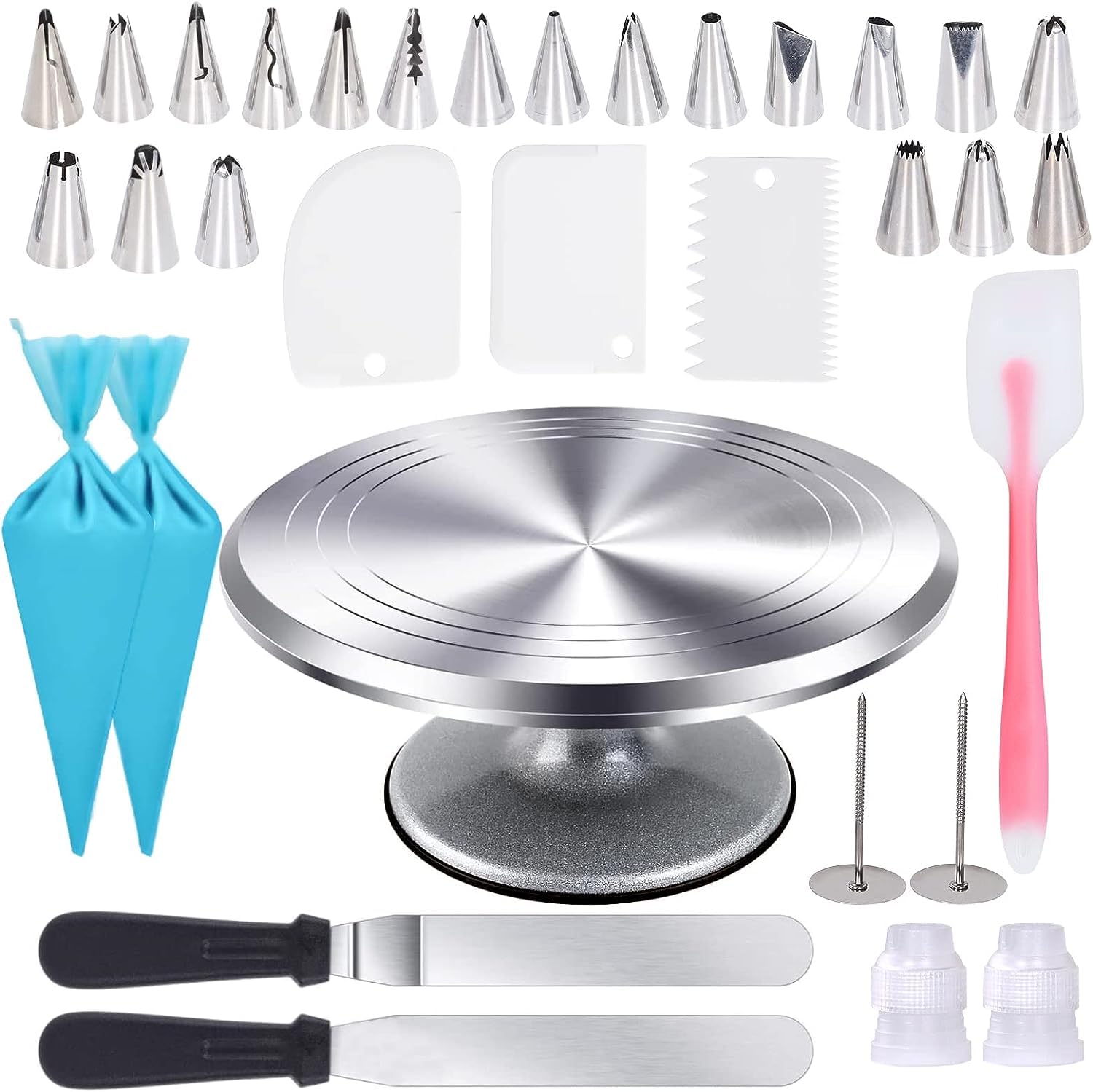 Uten 12 Inch Cake Turntable Cake Decorating Supplies Kit, 33 pcs Rotating Aluminium Cake Stand Set, Baking Tools with 20 Icing Tips, Bags, 3 Icing Smoother, Straight & Offset Spatula, Silicone Spatula