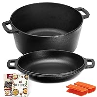 Overmont 2 in 1 Pre Seasoned Dutch Oven with Skillet Lid for Induction, Electric, Grill, Stovetop, BBQ, Camping (5 Quart)