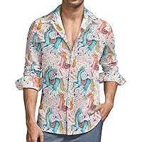 Watercolor Pair of Flying Unicorns Men's Shirt Loose Fit Long Sleeve Shirt Beach Button-Up Casual Shirts Wedding Shirt