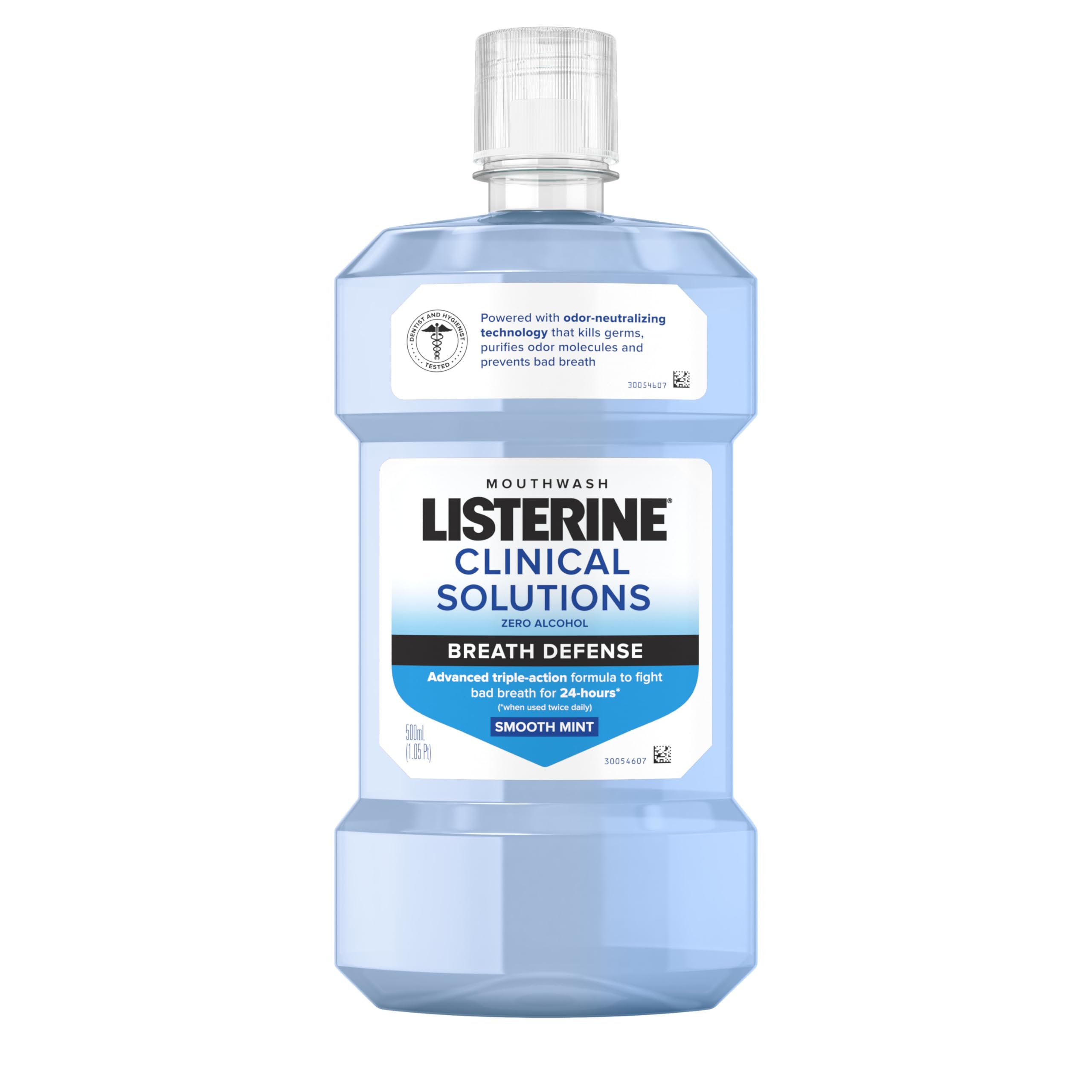 Listerine Clinical Solutions Breath Defense Zero Alcohol Mouthwash, Alcohol-Free Mouthwash with a Triple-Action Formula Fights Bad Breath for 24 Hours, Smooth Mint Oral Rinse, 500 mL