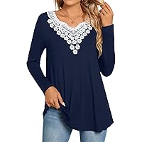 CATHY Womens Long Sleeves Crochet Lace Trim Casual Tunic Tops Fit Flare Blouses Pleated Shirts For Leggings