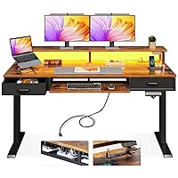 Electric Standing Desk with 2 Drawers & Keyboard Tray and USB & LED Lights, 55inch Rustic Brown, Height Adjustable Desk with Power Outlets & LED Lights, Stand Up Desk with Monitor Shelf