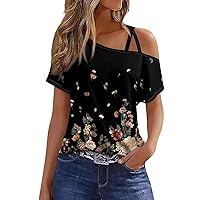 Womens Tops Criss-Cross One Shoulder Tops Sexy Cold Shoulder Shirts Summer T-Shirts Vacation Loose Casual Tees