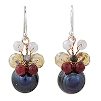 NOVICA Handmade .925 Sterling Silver Cultured Freshwater Pearl Dangle Earrings Black with Butterfly Motif Copper Dyed Quartz Multicolor Thailand Animal Themed Birthstone [1.3 in L x 0.5 in W]