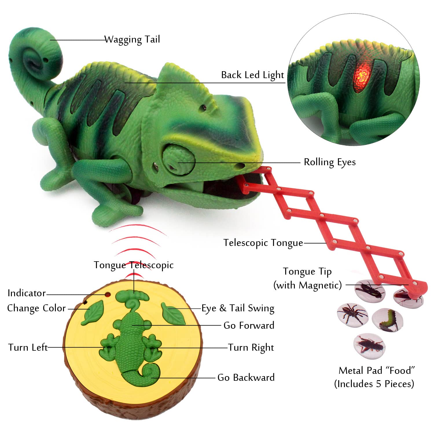 Tipmant RC Chameleon Remote Control Animal Toy Realistic Lizard Electric Electronic Pets Car Kids Birthday Gifts (Green)