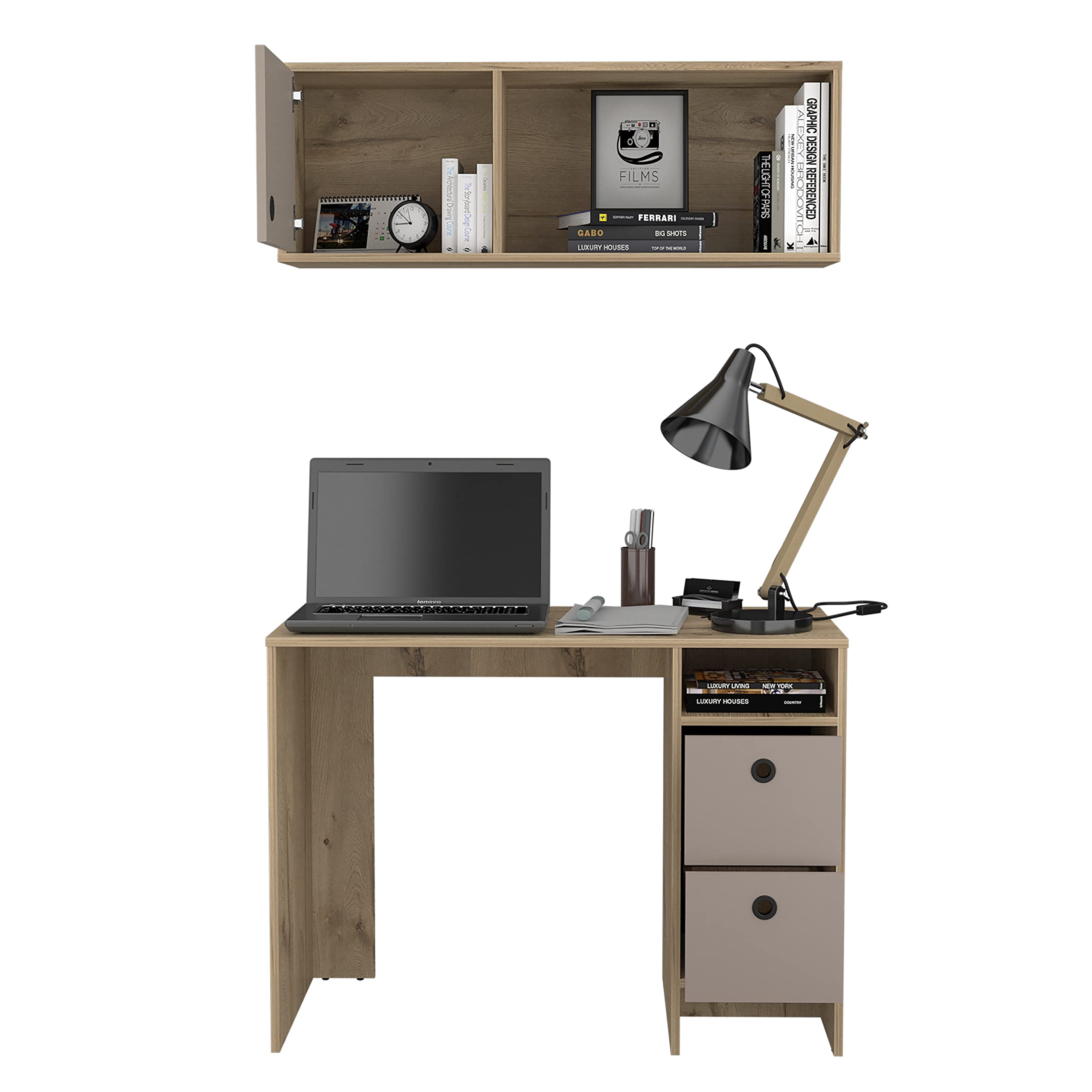 FM Furniture Computer Desk & Wall Mounted Storage Cabinet Set with Drawers & Open Shelf in Taupe -Light Oak