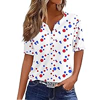Fashion Independence Day Lounge Floaty Shirts Ladies Loungewear Short Sleeve Star Henley Blouse Womans Polyester Red M