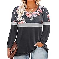 RITERA Womens Plus Size Tops for Women Long Sleeve Shirts Color Block Tunics Flower Tops Floral Print Tee Fall Blouses Flower-Grey 5XL