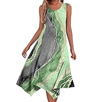 Summer Floral Dresses for Women 2024 Beach Dress for Women 2024 Summer Fashion Flowy Ruched Casual with Sleeveless Round Neck Swing Dresses Green X-Large