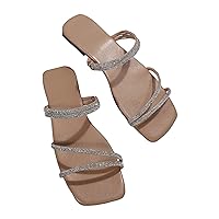GORGLITTER Women's Rhinestone Flat Sandals Strappy Slip on Open Toe Slide Sandals