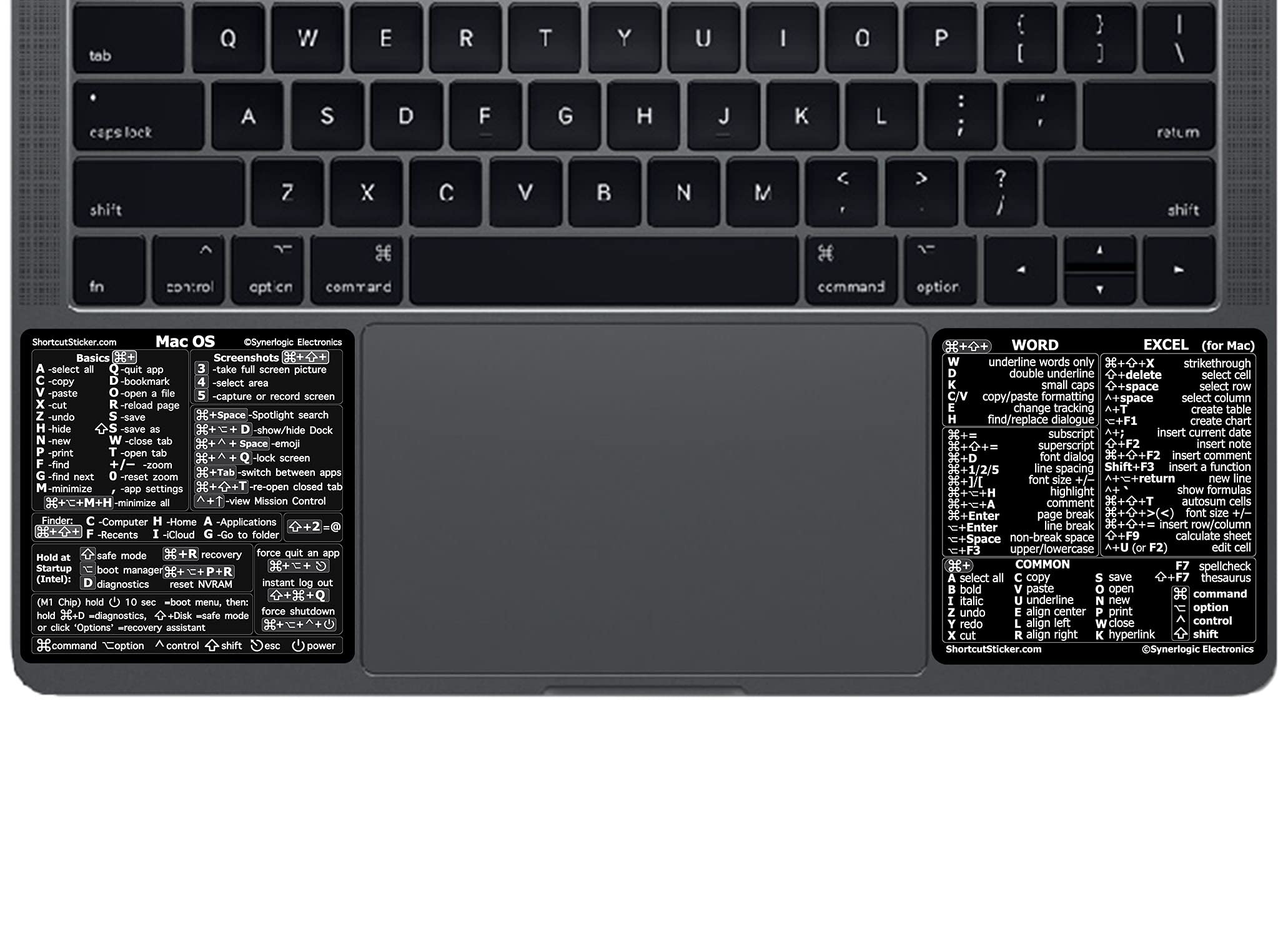 SYNERLOGIC Mac OS (M/Intel) + Word/Excel (for Mac) Quick Reference Keyboard Shortcut Stickers - for MacBook Air/Pro/iMac/Mac/Mini (Black, 1 Set)
