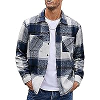 Men's Sherpa Lined Cotton Flannel Shirt Jacket Plaid Button Up Jacket Coat for Men with Pocket