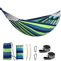 Cotton Hammock Large Soft Breathable Camping Hammock Holds Up to 660lbs Portable Tree Hammock with Detachable Spreader Bar Pillow 2 Strong Webbings 2 Carabiners Patio Garden Indoor Outdoor