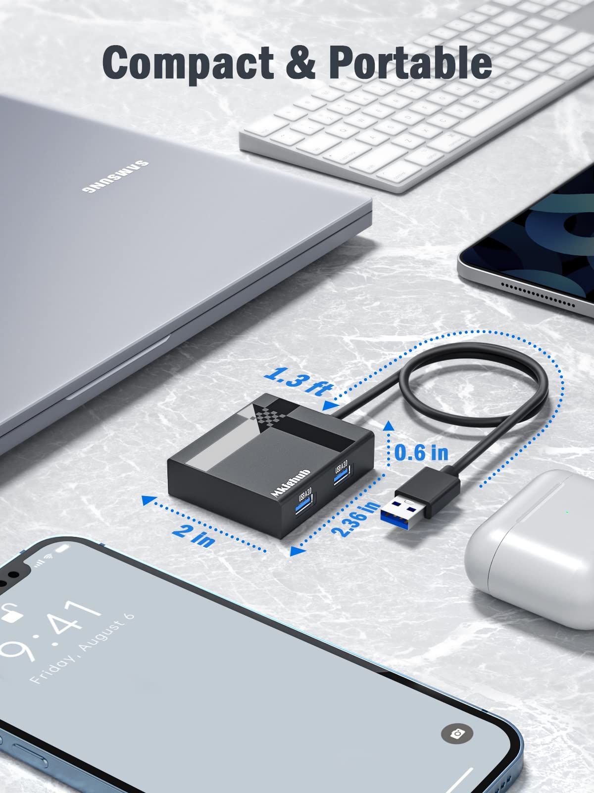 Mkighub USB A Hub, 4-Port USB 3.0 Hub, Multi USB Port Expander, Fast Data Transfer USB Splitter for Laptop, iMac Pro, MacBook Air, Mac, Surface Pro, XPS, PC, Flash Drive, Mobile HDD