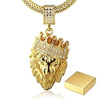Halukakah Gold Chain for Men Necklace 18k Real Gold Plated Fully Iced Out Crown Lion Pendant Lab Diamonds Prong Set with Sharktail/Tennis/Cuban Chain,Designed Goldfoil Giftbox
