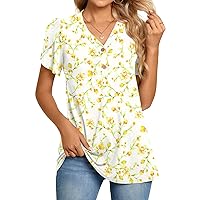 BISHUIGE Womens Henley Tunic Tops Button Up T-Shirts Petal Sleeve V-Neck Casual Blouses