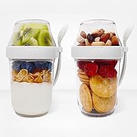 Felli On the Go Yogurt Parfait Snack Cup 12 oz Leak Proof, Spoon + Compartment for Cereal Milk Granola Breakfast Dessert, Reusable To Go Overnight Oats Container with Lid, Baby Travel Jar (2, White)