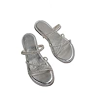 OYOANGLE Women's Rhinestone Strappy Open Toe Slide Sandals Slip on Casual Flat Sandals Metallic Silver 9.5
