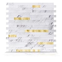 Art3d 10-Sheet Peel and Stick Stone Overlay Kitchen Backsplash Tile - Volakas White Embellished with Metal Gold