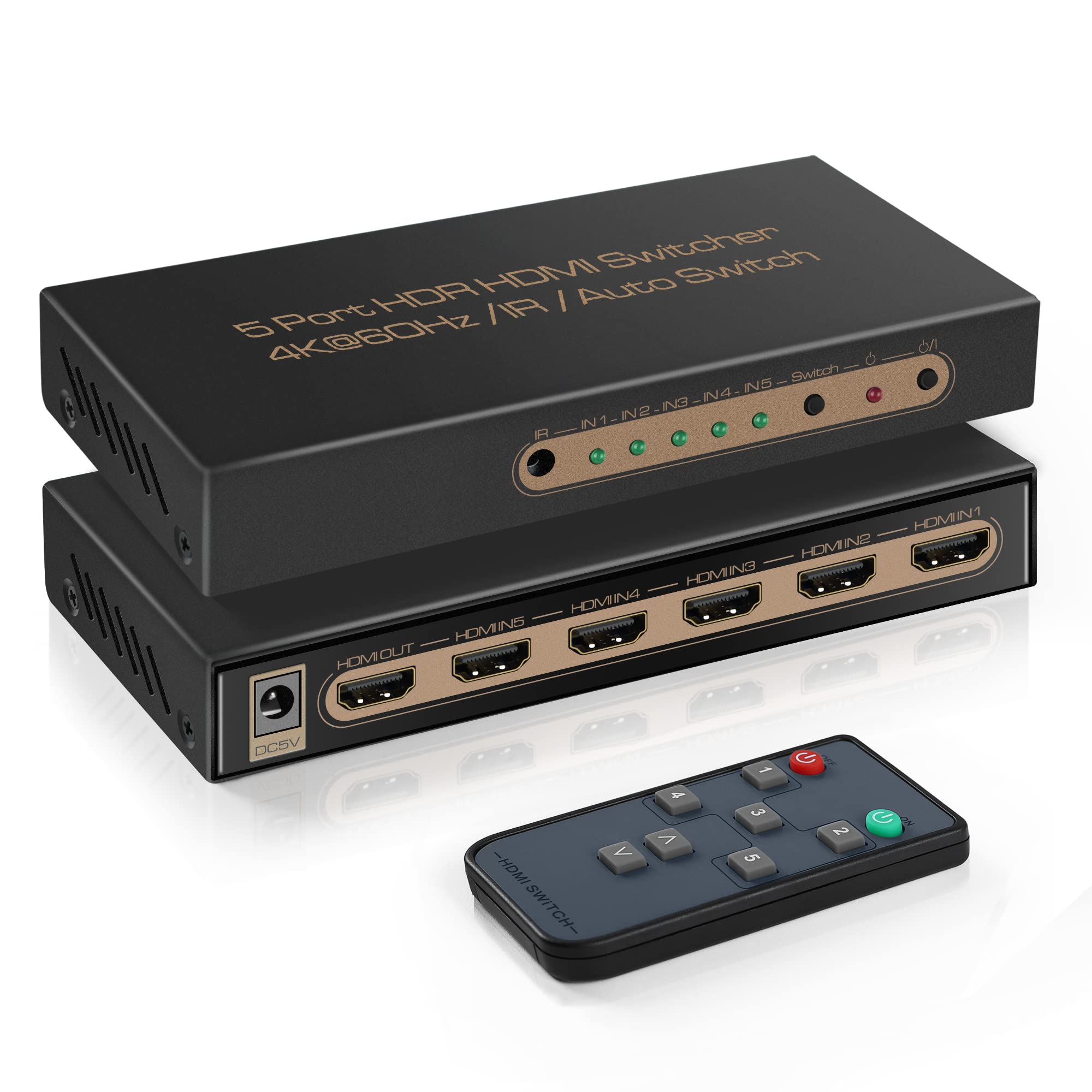 avedio links 5 Ports HDMI Switcher 4K@60Hz, 5x1 HDMI2.0 Switch Selector Box, 4K HDMI Switch 5 in 1 Out with Remote, Support Auto-Switch, 3D, HDR 10, 18Gbps, HDCP 2.2 for PS5, Xbox, DVD