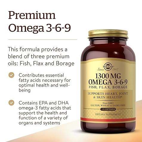 Solgar 1300 mg Omega 3-6-9, 120 Softgels - Fish Oil Supplement - Support for Heart, Joint & Skin Health - Includes Flaxseed & Borage - Contains EPA & DHA - Omega 3 Fatty Acids - 40 Servings