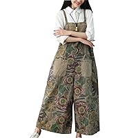 Flygo Women's Floral Printed Wide Leg Distressed Bib Denim Overalls Jumpsuits with Pockets (One Size, Style 01 Khaki)