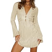Women's V Neck Pleated Mini Dress Casual Flared Long Sleeve Plisse Tunic Dresses with Belt Party Club Dress