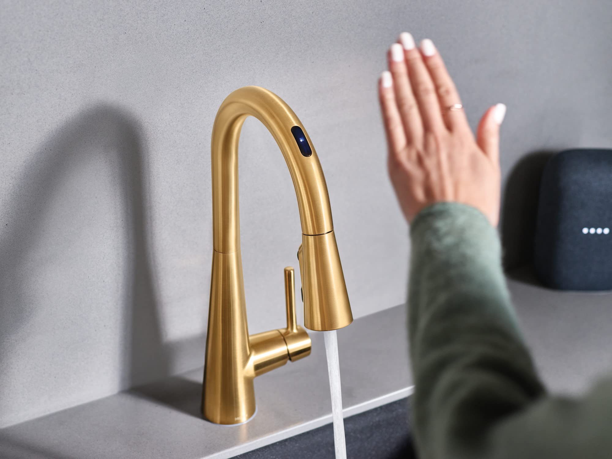 Moen 7864EVBG Sleek Smart Touchless Pull Down Sprayer Kitchen Faucet with Voice Control and Power Boost, Brushed Gold