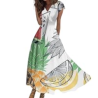 Maxi Dresses for Women 2024, Spring Summer Floral Printing Sexy Wrap Dress V-Neck Short Sleeve Flowy Beach Dresses