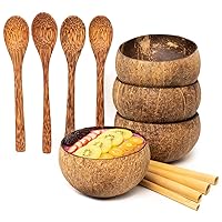 Set of 4 Small Raw Coconut Bowls, 4 Wooden Spoons & 4 Reusable Bamboo Straws - 100% Natural, Hand Carved by Artisans, Eco-Friendly & Sustainable - Smoothie/Acai/Salad Bowls