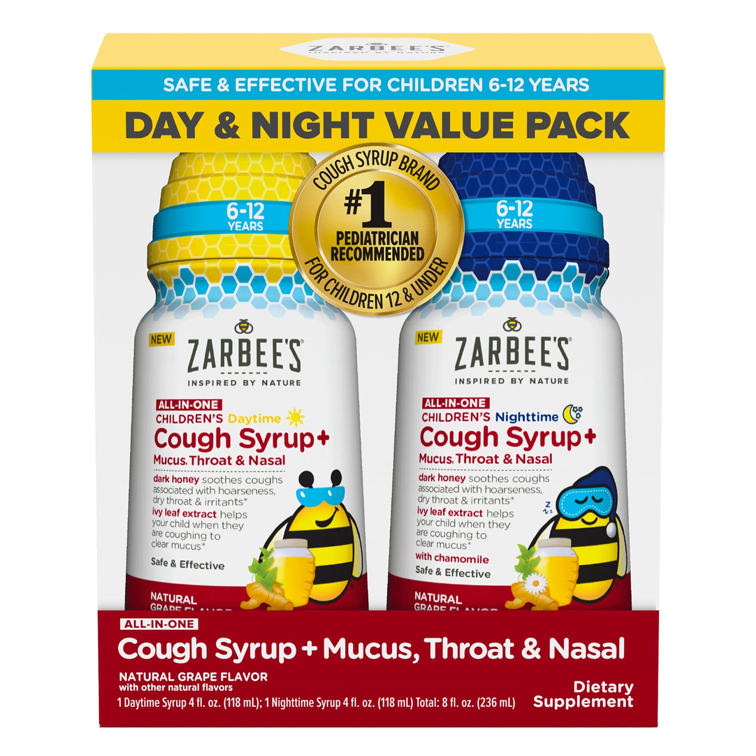 Zarbee's Kids All-in-One Day/Night Cough Value Pack for Children 6-12 with Dark Honey, Turmeric, B-Vitamins & Zinc, 1 Pediatrician Recommended, Drug & Alcohol-Free, Grape Flavor, 2x4FL Oz