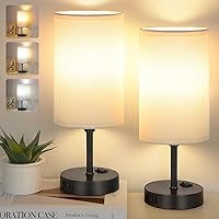 GGOYING Bedside Table Lamp,3-Color Temperature Table Lamp with 2700K/3500K/5000K LED Bulb and AC Outlet, Small Lamp with Round White Fabric Shade for Bedroom