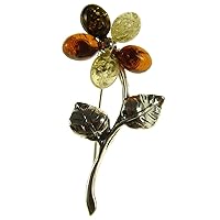 BALTIC AMBER AND STERLING SILVER 925 DESIGNER MULTI-COLOURED FLOWER BROOCH PIN JEWELLERY JEWELRY