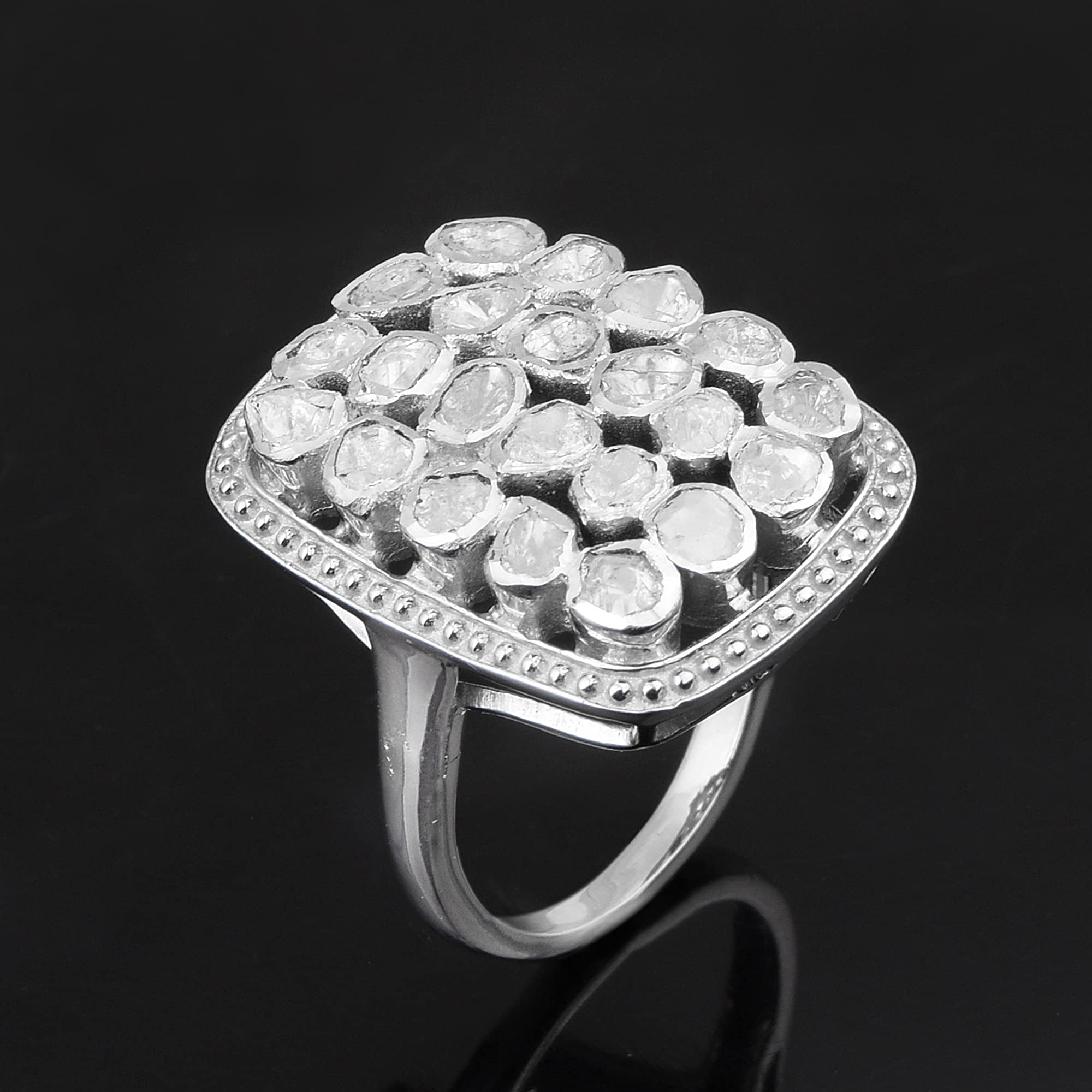 1.50 CTW Natural Diamond Polki Cluster Cocktail Ethnic Ring 925 Sterling Silver Platinum Plated Slice Diamond Jewelry