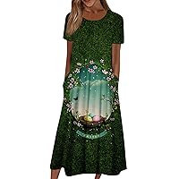 Dresses for Women 2024 Summer Casual Fashion Easter Printed Short Sleeve Round Neck Dress with Pocket