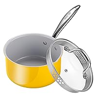 2 Quart Nonstick Sauce Pan with Lid, Ceramic Saucepan Small Cooking Pot Non Toxic, PTFE & PFOA Free - Oven Safe & Compatible with All Stovetops (Gas, Electric & Induction)-Yellow