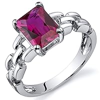 PEORA Created Ruby Ring in Sterling Silver, Designer Link Chain Band, Solitaire Radiant Cut, 8x6mm, 2 Carats, Comfort Fit, Sizes 5 to 9