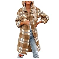 Womens Tops Women's Wool Blend Plaid Lapel Button Shirts Long Sleeve Shacket Jacket Winter Loose Oversize Coat