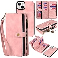 Wallet Case Compatible with iPhone 15 Plus,Detachable Magnetic Phone Case,All-Round Shockproof Protective Leather Phone Case with Card Holder,6.7 in,Pink