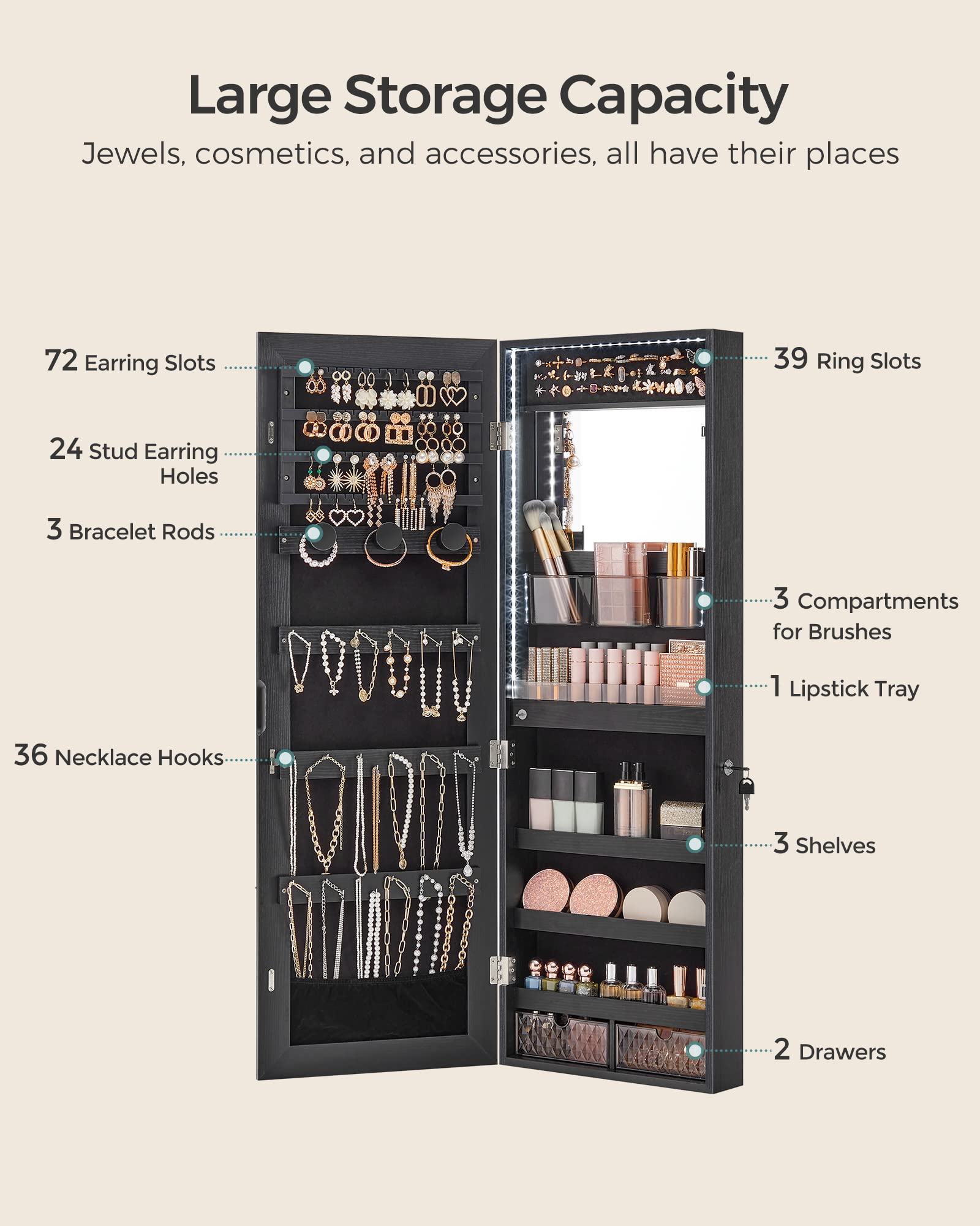 SONGMICS Jewelry Cabinet Armoire Organizer with LED Lights, Wall-Mounted Storage Cabinet with Full-Length Frameless Mirror, Built-in Makeup Mirror, 2 Drawers, Lockable, Black UJJC013B01