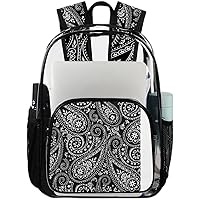 Paisley Black Pattern Clear Backpack Heavy Duty Transparent Bookbag for Women Men See Through PVC Backpack for Security, Work, Sports, Stadium